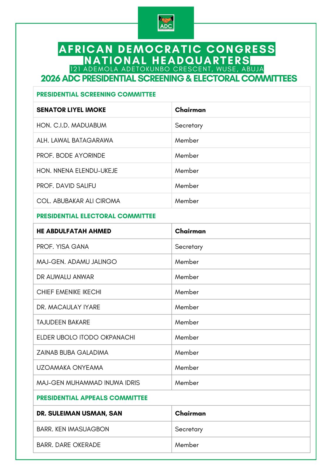 ADC Appoints Liyel Imoke, Abdulfatah Ahmed to Lead Presidential Primary Committees