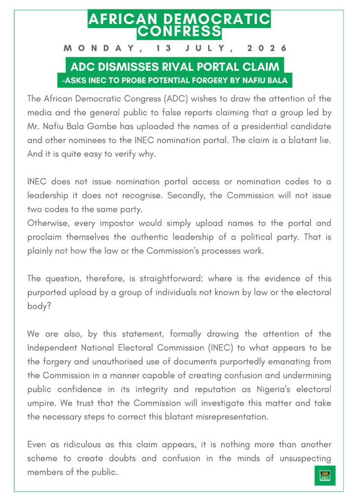 ADC Dismisses False Claims on INEC Nomination Portal, Calls for Investigation into Alleged Forgery