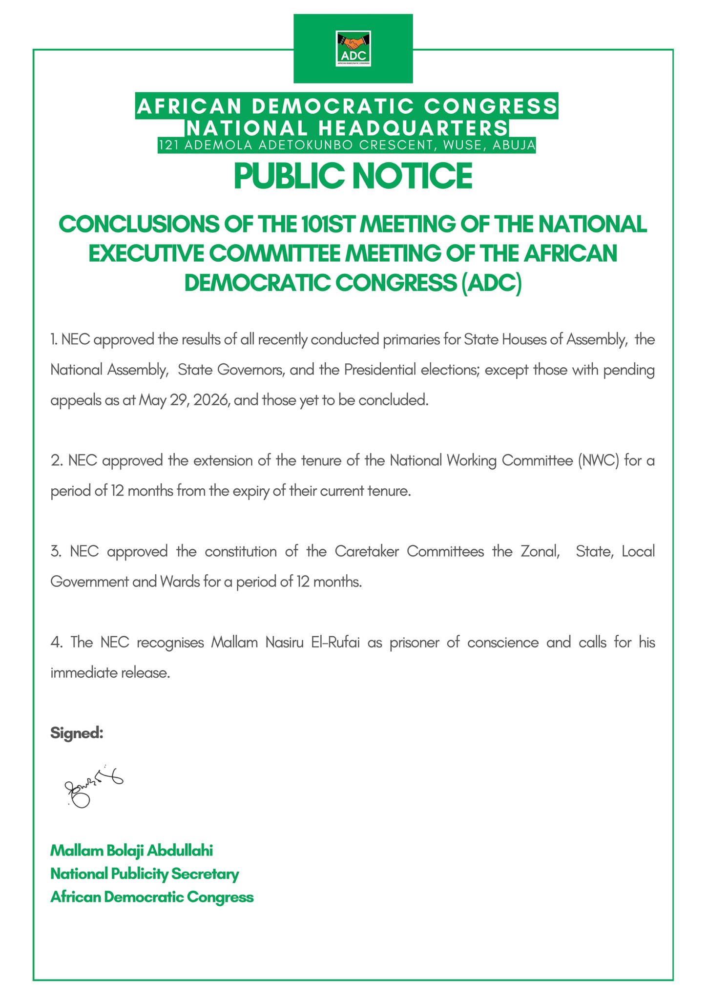ADC NEC Approves Primary Election Results, Extends NWC Tenure and Constitutes Caretaker Committees
