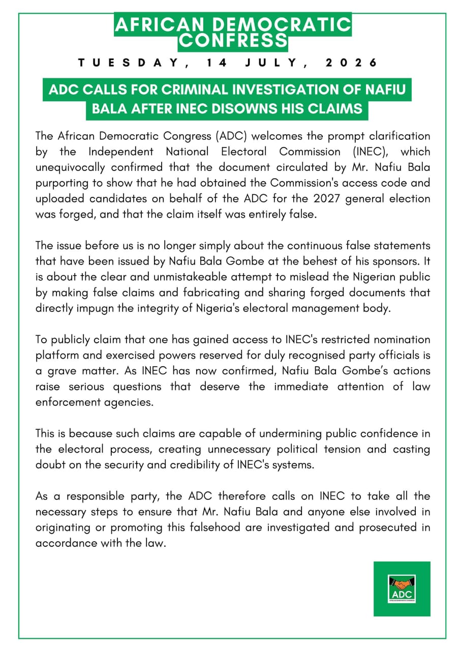 ADC Welcomes INEC's Clarification, Calls for Investigation into Alleged Forgery and False Nomination Claims
